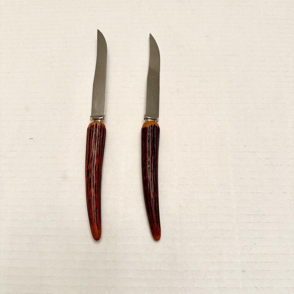 2 Vtg Steak Knives Faux Stag Antler Horn Handle Lifetime Cutlery Stainless Steel - Picture 2 of 7